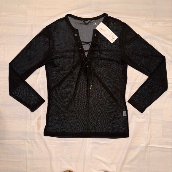 COOFANDY | Black V-Neck Lace Tie Mesh Pullover Stretch Fit Men’s Shirt - Picture 6 of 9